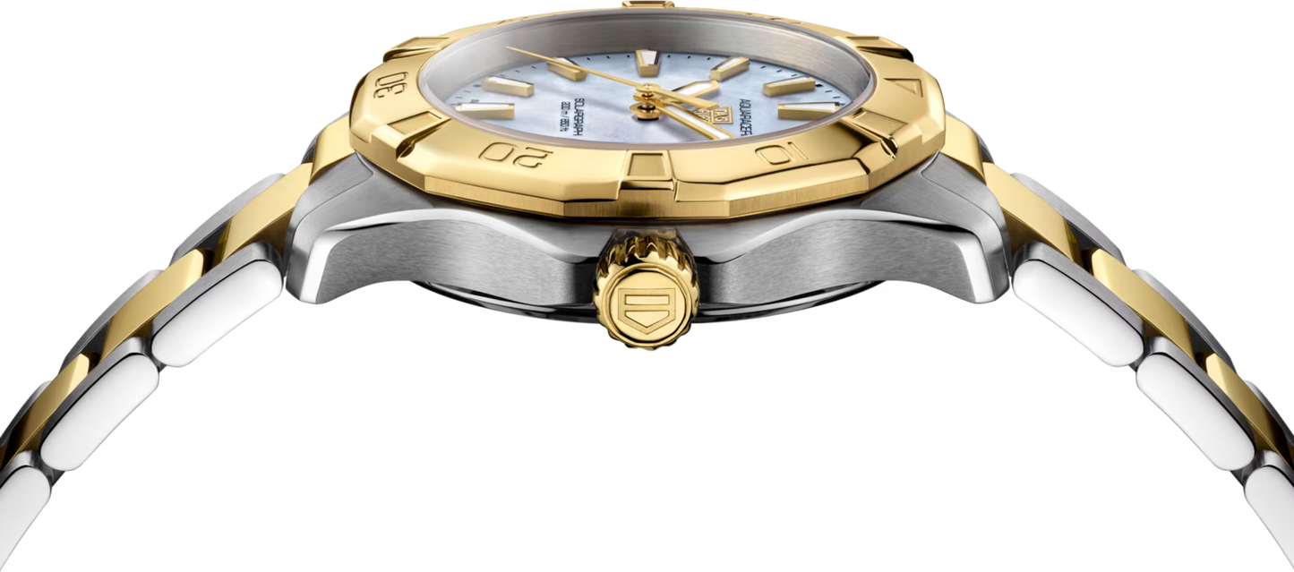 TAG Heuer Aquaracer Professional 200 Solargraph Two Tone Mother of Pearl Dial Womens Quartz 34mm Watch WBP1327.BB0004