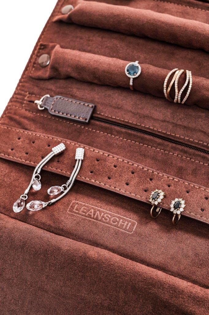 LEANSCHI Chocolate Brown Jewellery Roll Travel Pouch Case