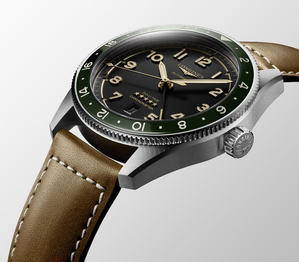 Longines Spirit Zulu Time Anthracite Dial/Green Bezel Stainless Steel Mens GMT Strap Watch 42mm L38124632