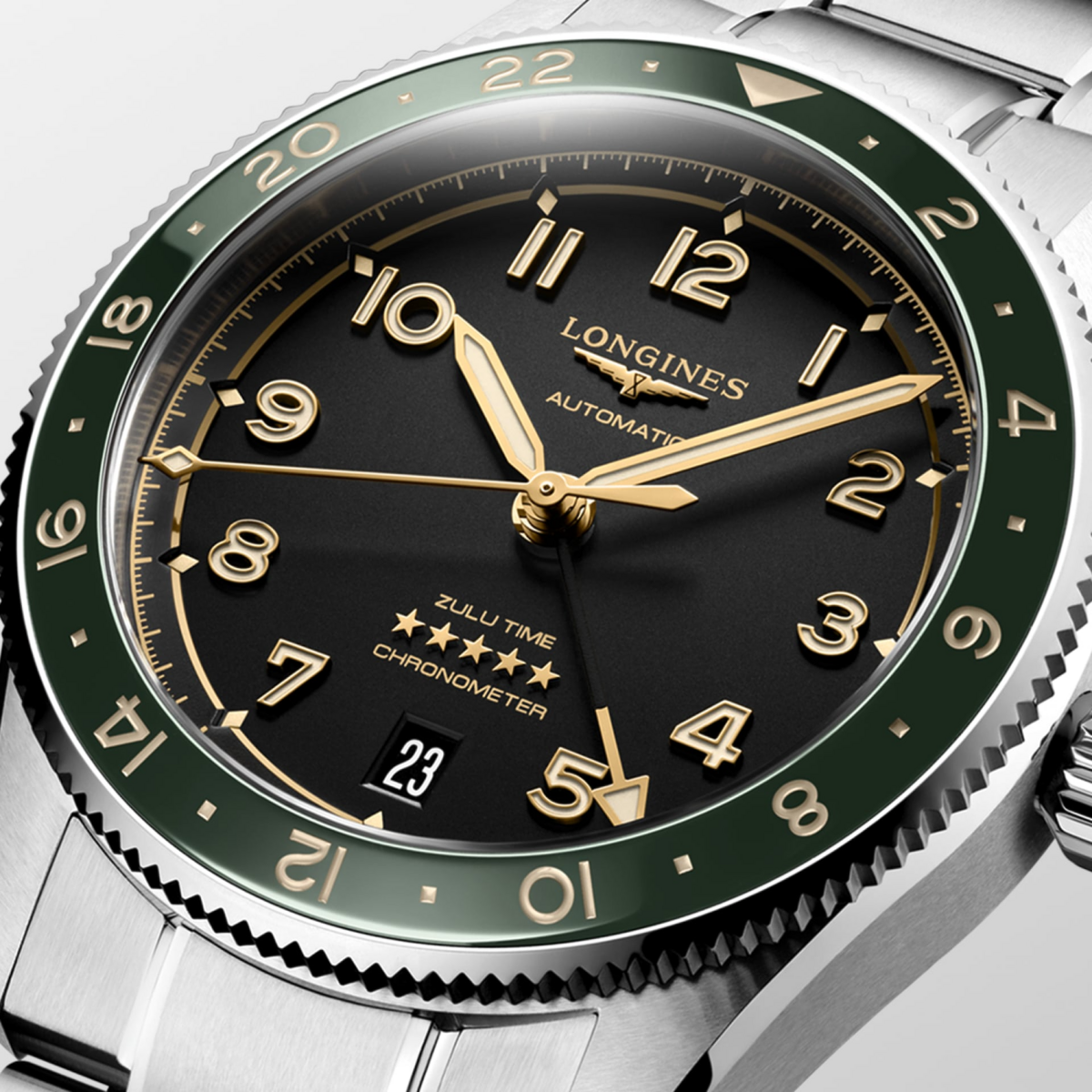 Longines Spirit Zulu Time Anthracite Dial/Green Bezel Stainless Steel Mens GMT Watch 39mm L38024636