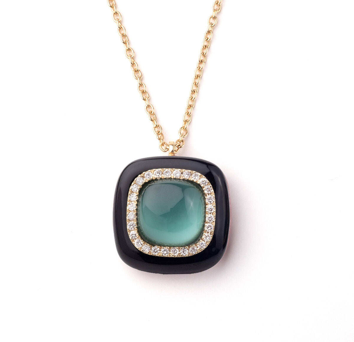 18ct Gold, Enamel, Green Agate, Rock Crystal, Mother-of-Pearl, & Diamond Set Pendant Necklace