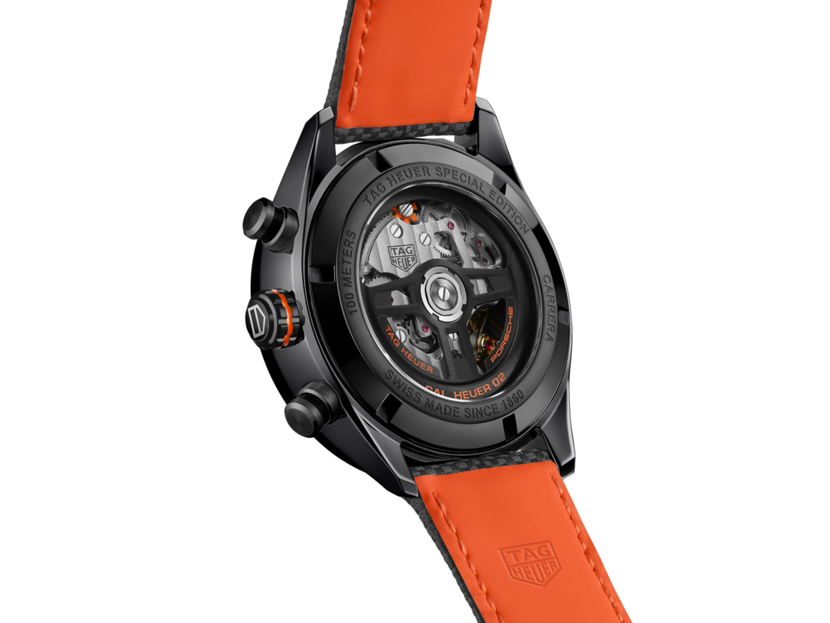 TAG Heuer Carrera X Porsche Orange Racing Calibre HEUER 02 Automatic Black DLC Stainless Steel Special Edition Mens Chronograph Watch