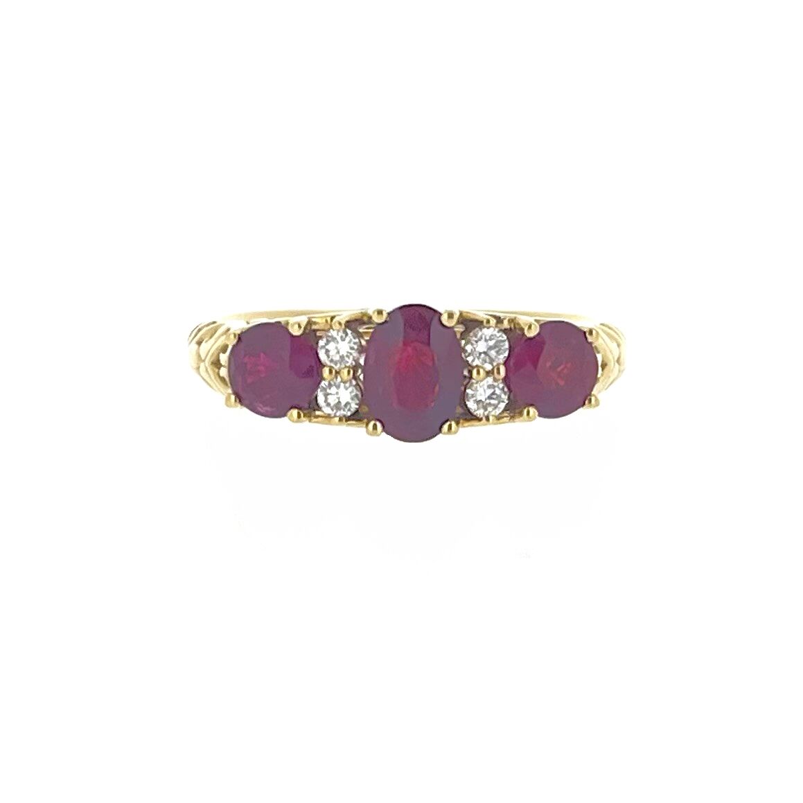 18ct Gold Claw Set Ruby & Diamond Set Victorian Style Carved Side Dress Ring