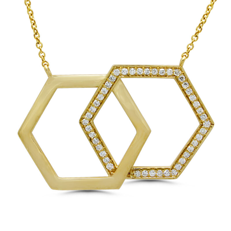 18ct Gold Diamond Set Openwork Twin Hexagon Honeycomb Pendant Necklace