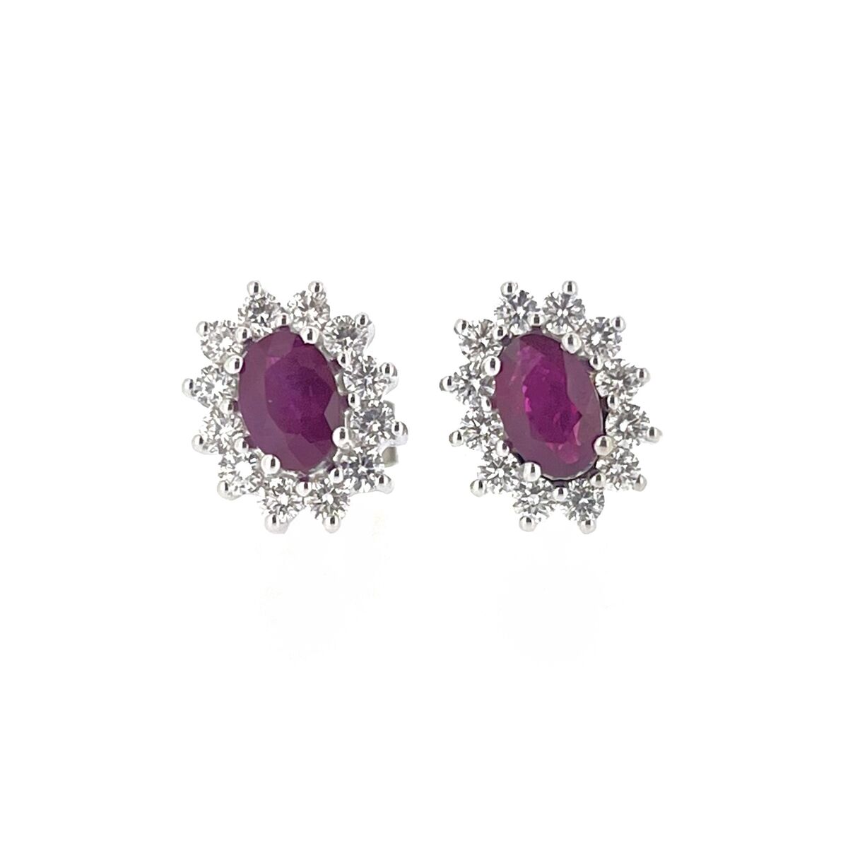 18ct White Gold Oval Ruby & Diamond Set Cluster Stud Earrings