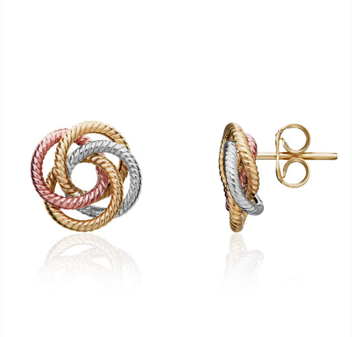 9ct 3 Colour Gold Ribbed Wire Knot Stud Earrings