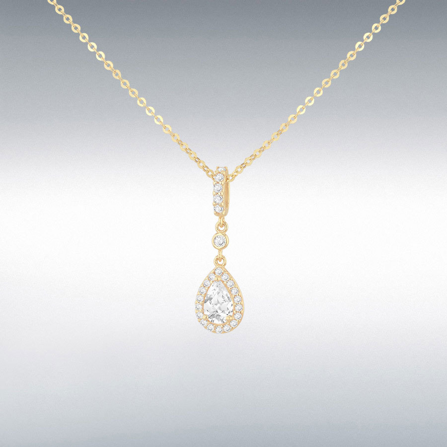 9ct Gold Cubic Zirconia Set Teardrop Halo Cluster Pendant Necklace
