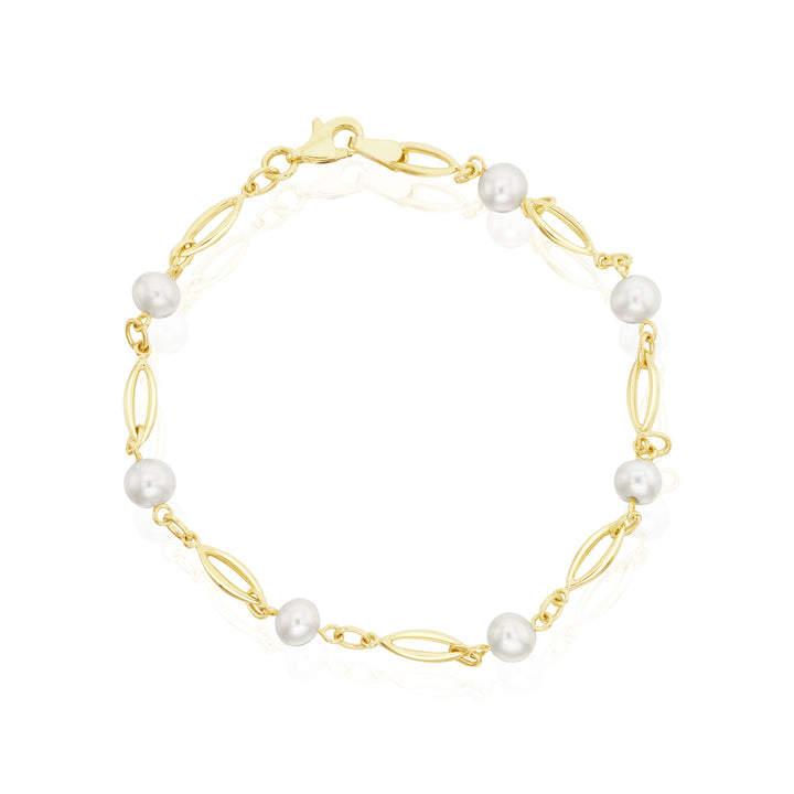 9ct Gold Cultured Freshwater Pearl Set Open Marquise Link Bracelet