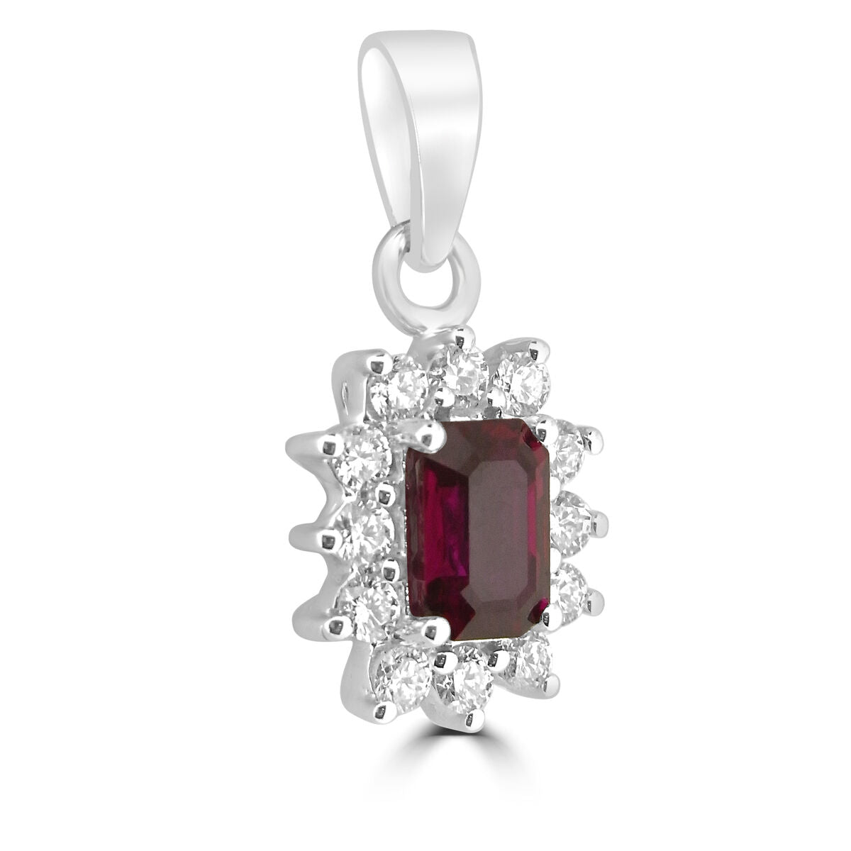 9ct White Gold Emerald Cut Ruby & Diamond Set Cluster Pendant Necklace