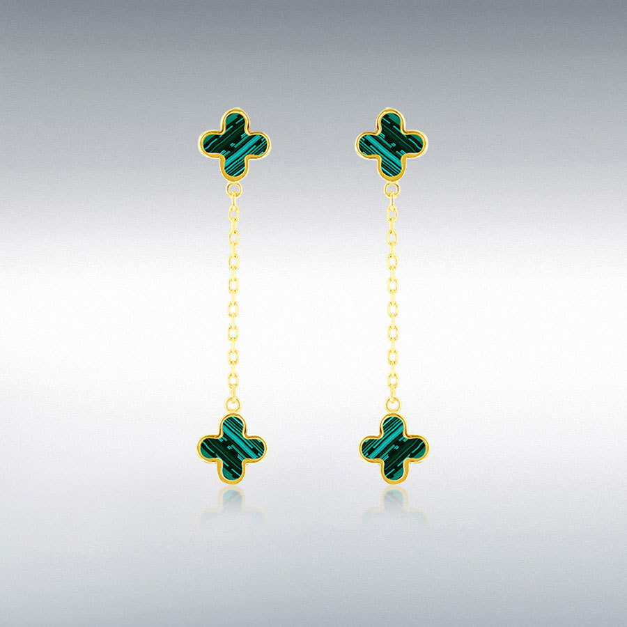 9ct Gold Malachite Set Quatrefoil Four Leaf Clover Drop Earrings
