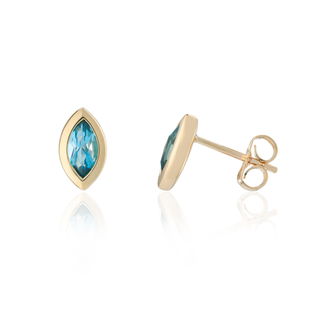 9ct Gold Marquise Cut Swiss Blue Topaz Rubover Set Stud Earrings
