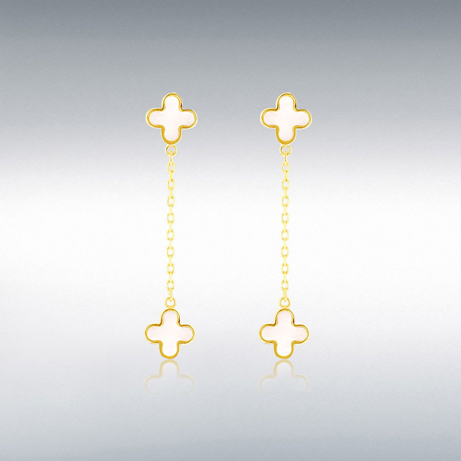 9ct Gold Mother of Pearl Set Quatrefoil Four Leaf Clover Drop Earrings