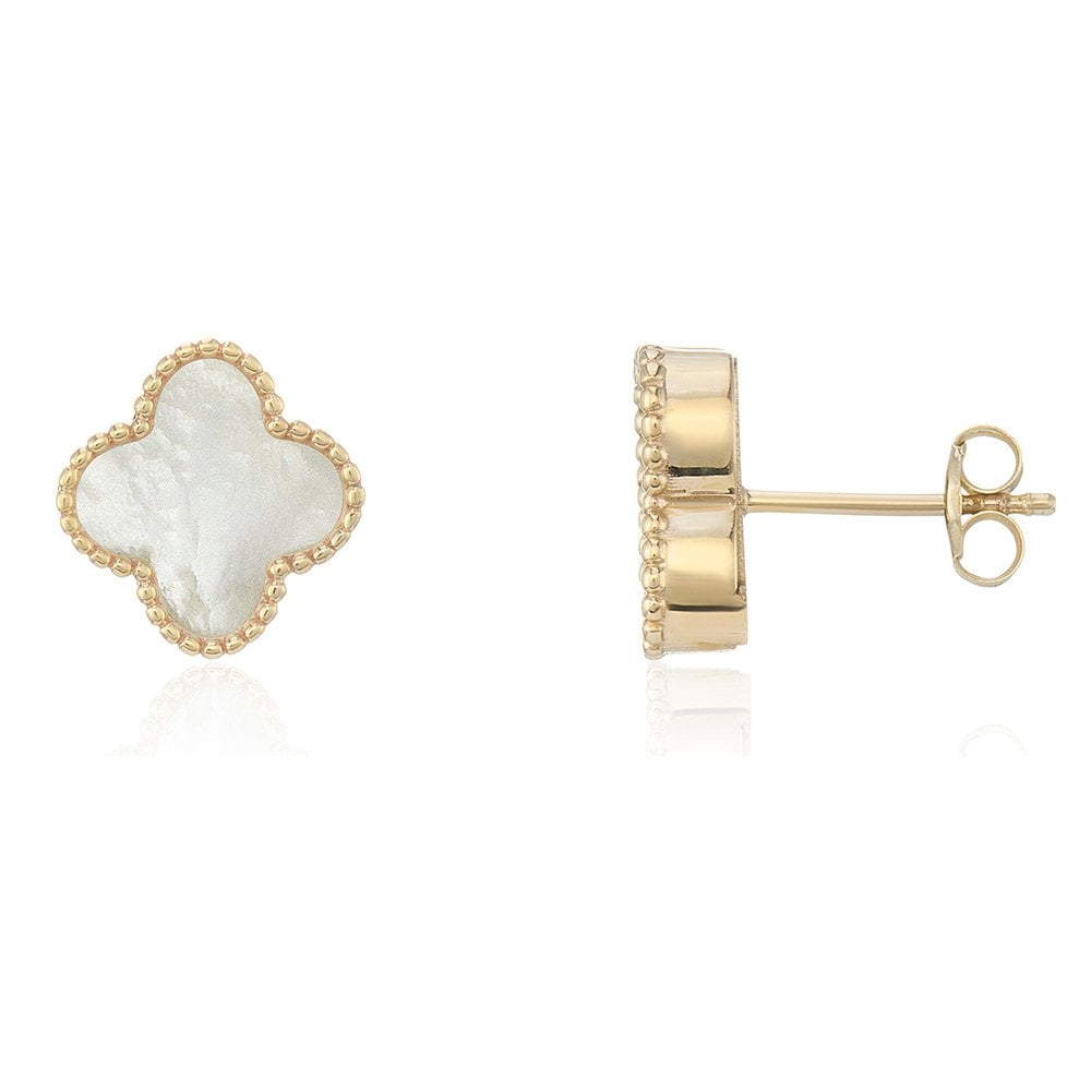 9ct Gold Mother of Pearl Set Quatrefoil Beaded Edge Four Leaf Clover Stud Earrings