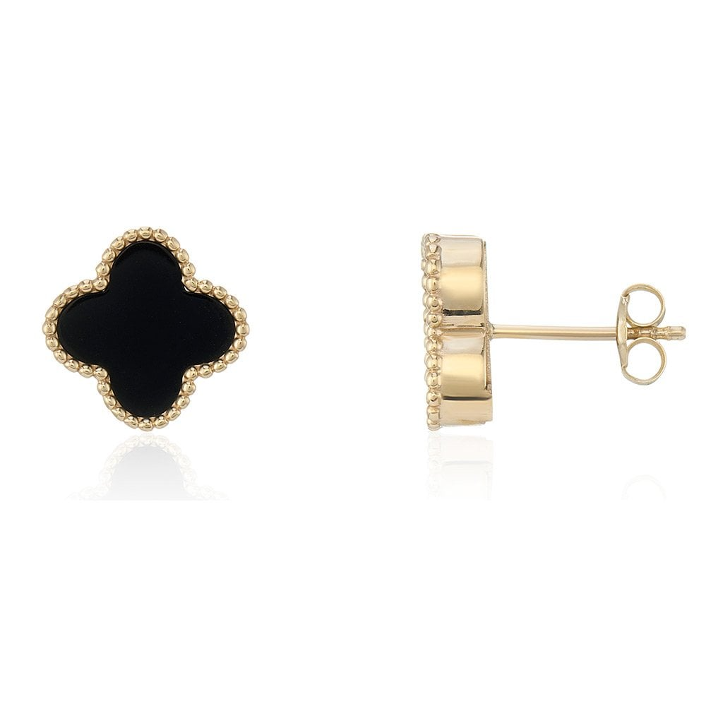 9ct Gold Onyx Set Quatrefoil Beaded Edge Four Leaf Clover Stud Earrings