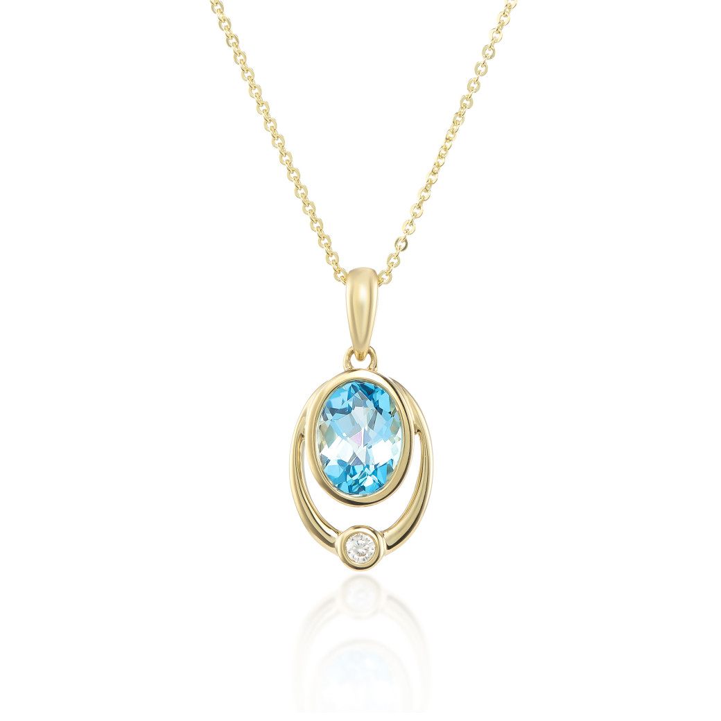 9ct Gold Oval Blue Topaz & Diamond Set Pendant Necklace