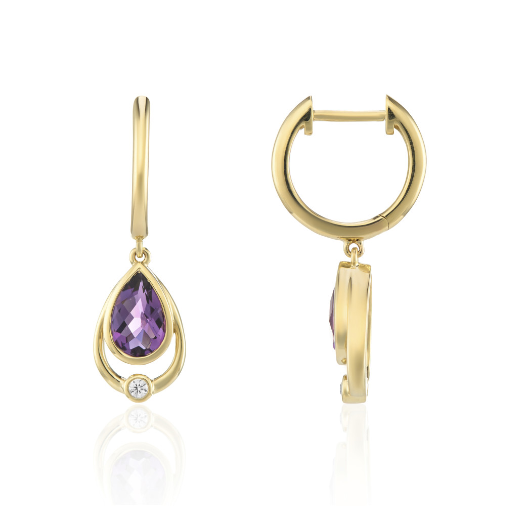 9ct Gold Pear Shape Amethyst & Diamond Rubover Set Drop Earrings
