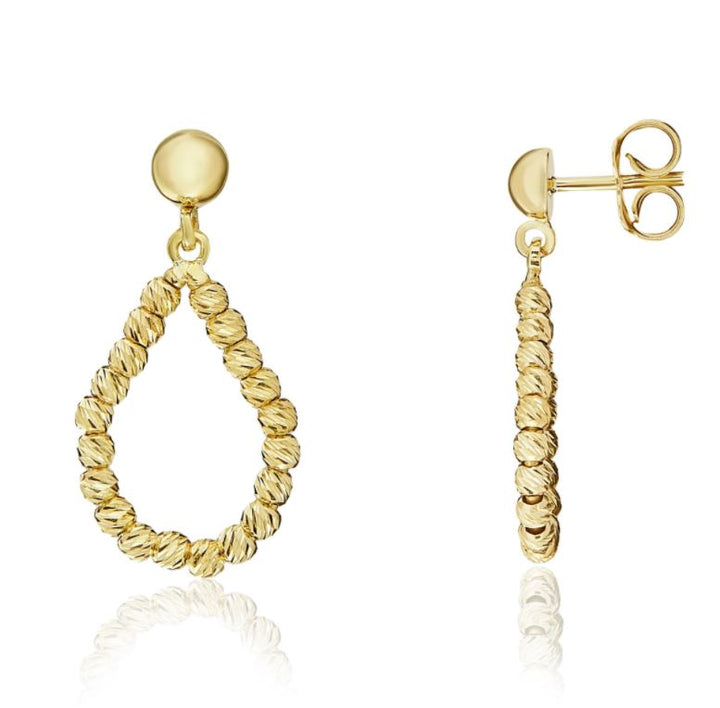 9ct Gold Pear Shape Diamond Cut Bead Drop Earrings