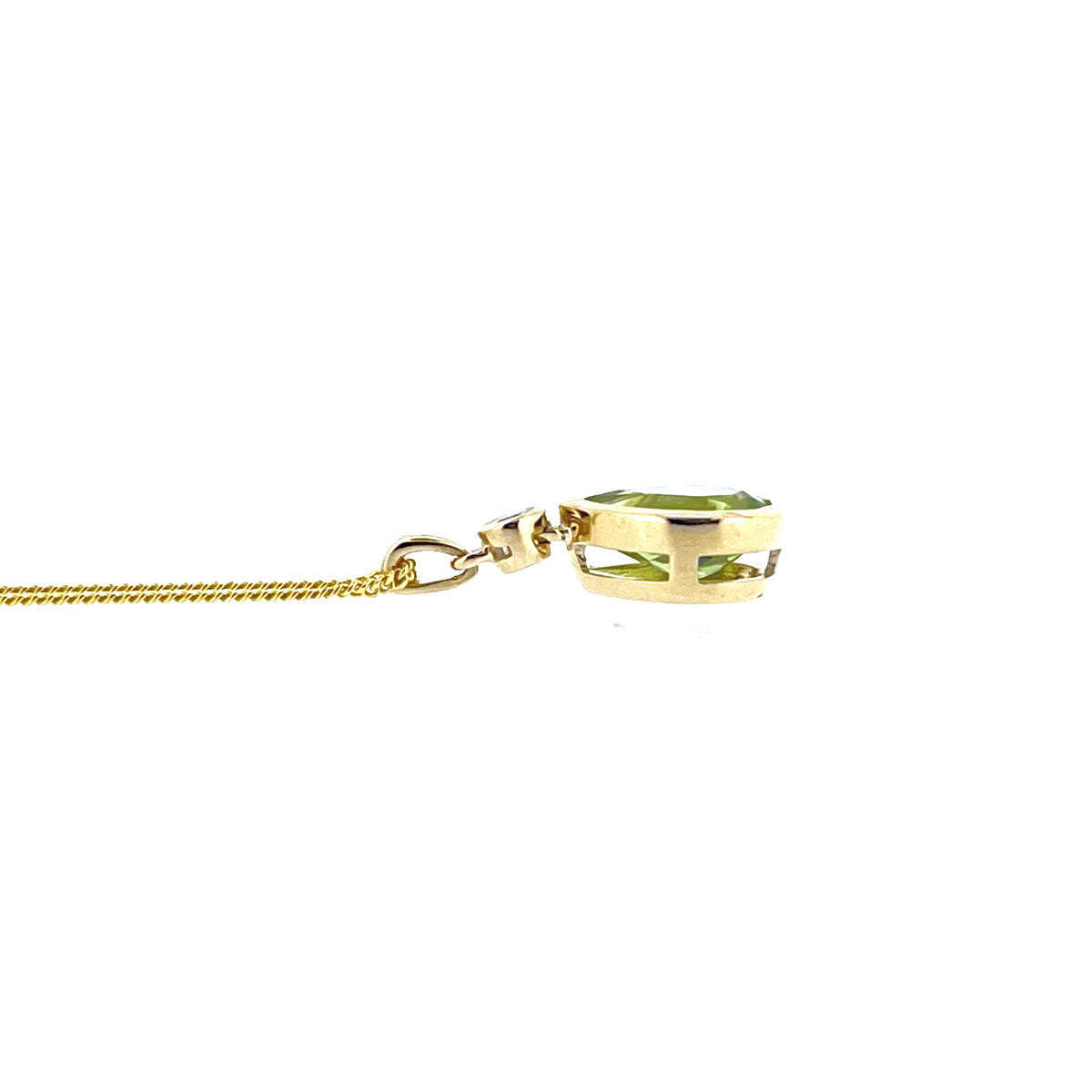9ct Gold Pear Shape Peridot & Diamond Rubover Set Pendant Necklace