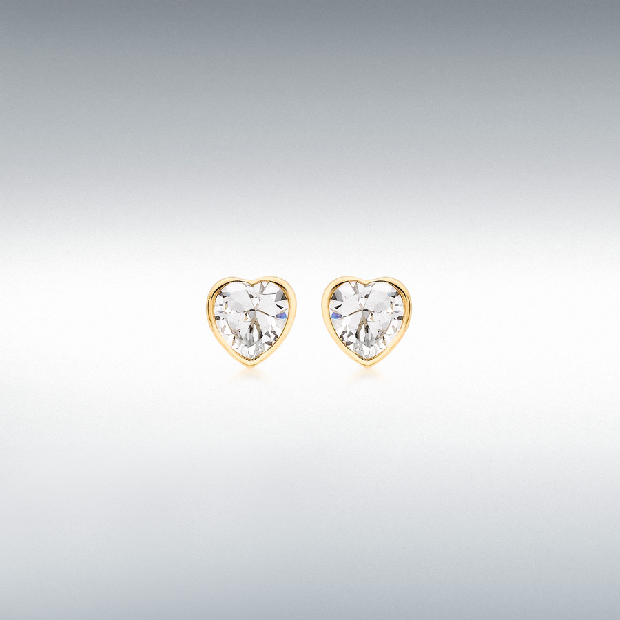 9ct Gold Rubover Set Cubic Zirconia Heart Stud Earrings
