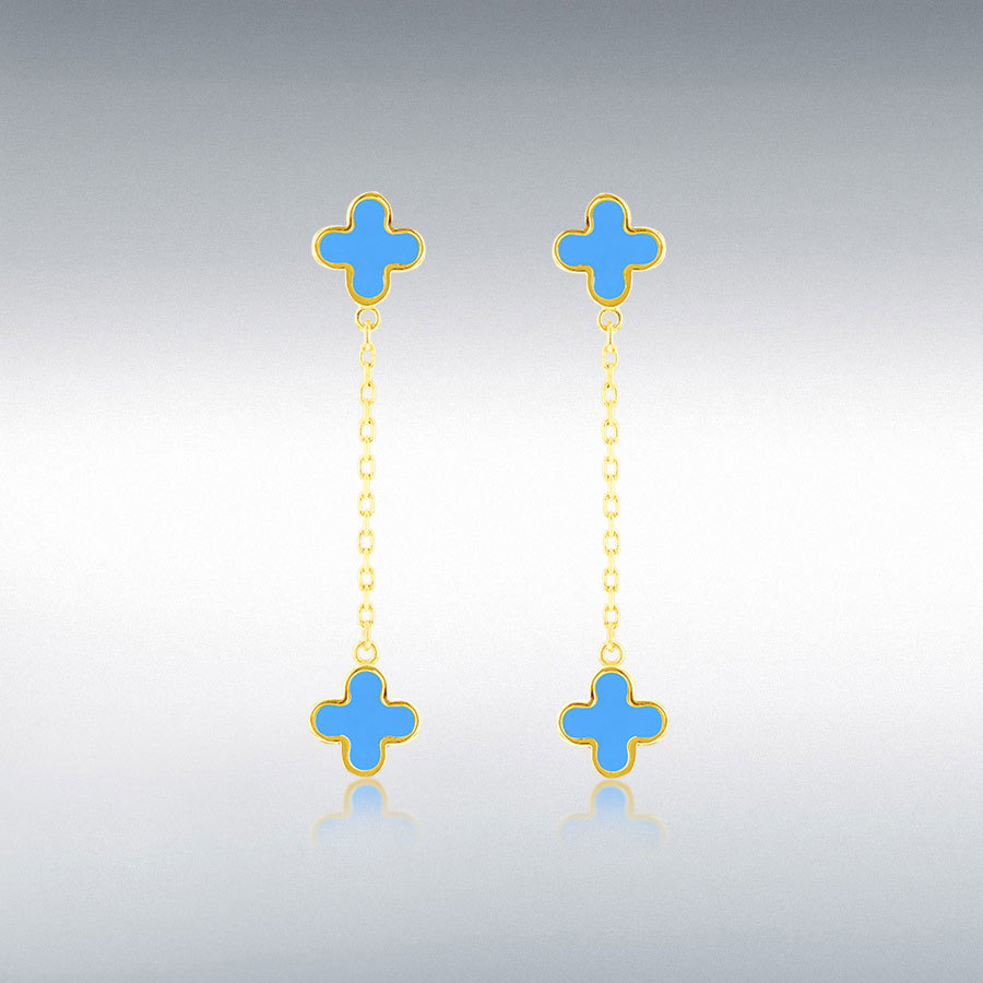 9ct Gold Turquoise Set Quatrefoil Four Leaf Clover Drop Earrings