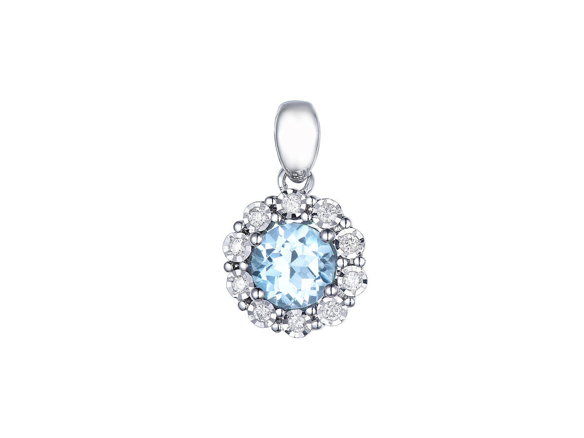 9ct White Gold Blue Topaz & Diamond Set Cluster Pendant Necklace