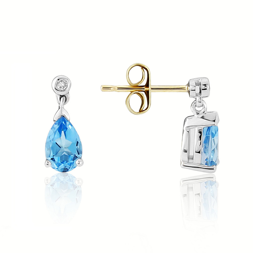 9ct White Gold Blue Topaz & Diamond Set Drop Earrings