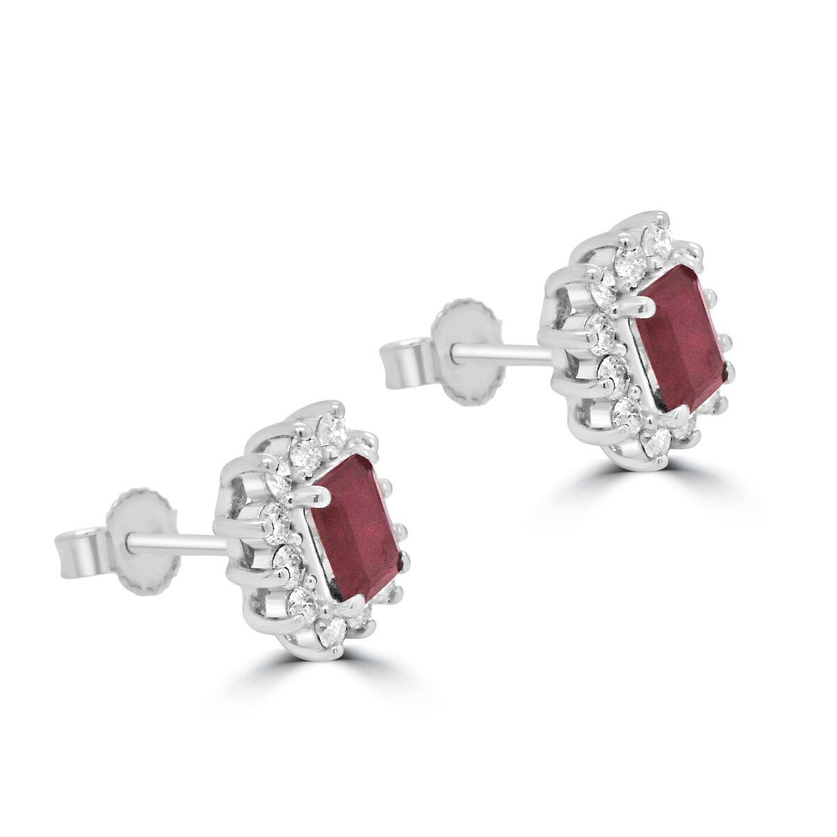 9ct White Gold Emerald Cut Ruby & Diamond Set Cluster Stud Earrings