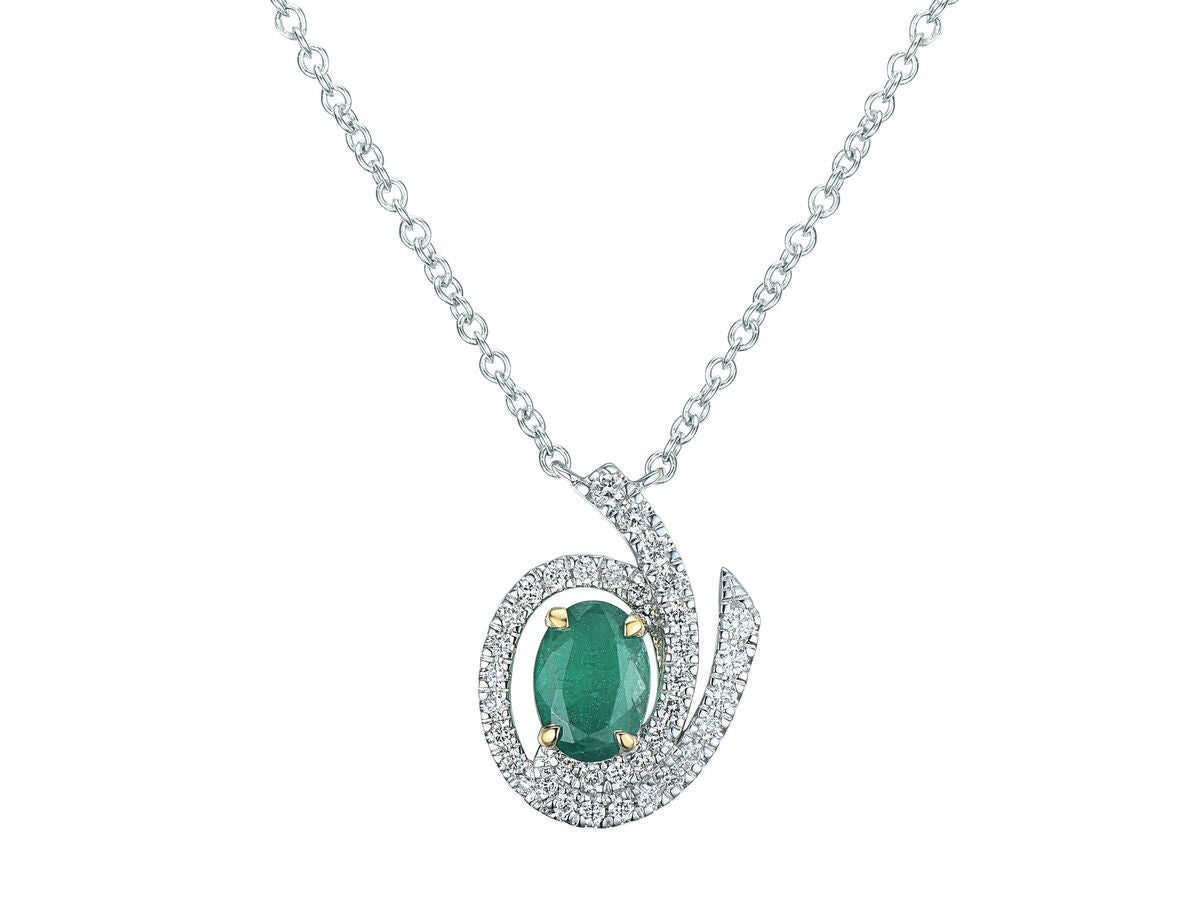 9ct White Gold Emerald & Diamond Set Swirl Cluster Pendant Necklace