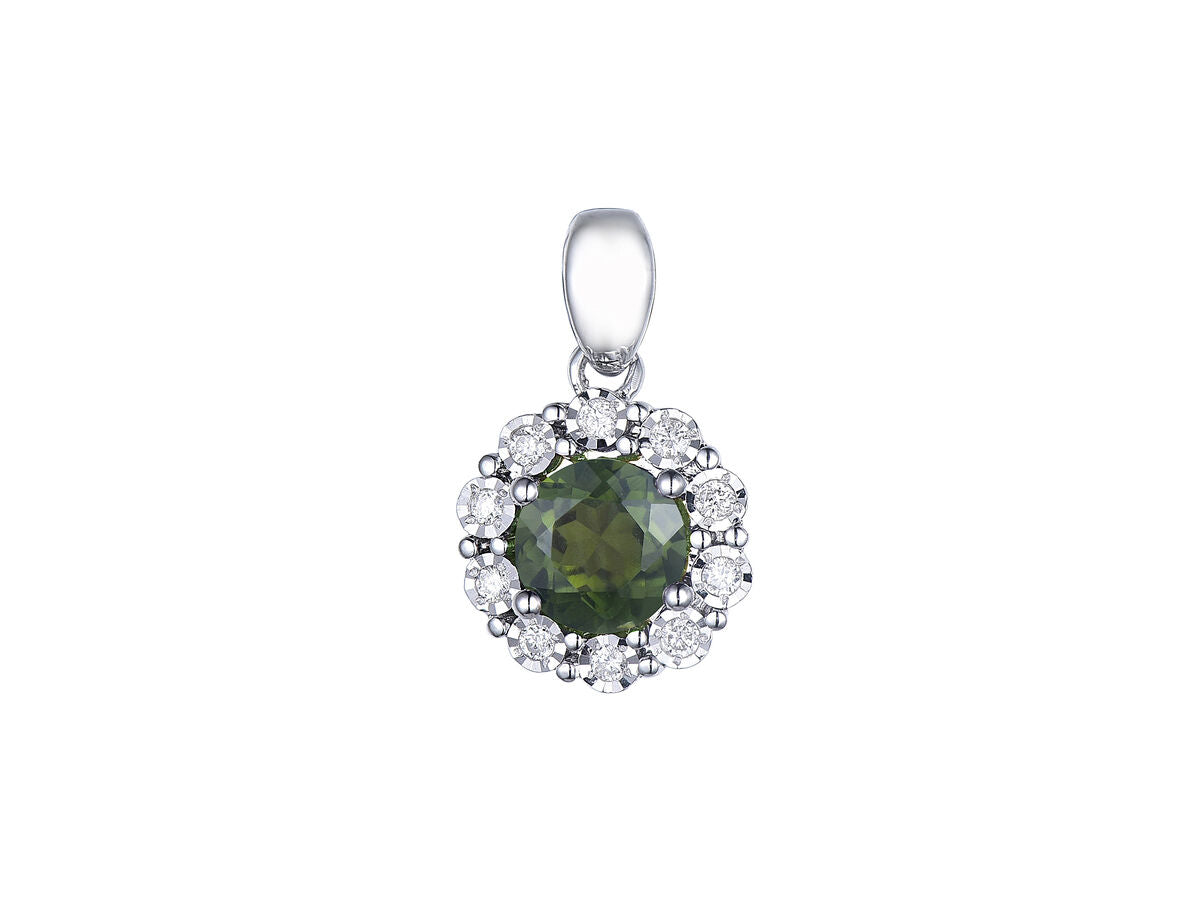 9ct White Gold Green Tourmaline & Diamond Set Cluster Pendant Necklace