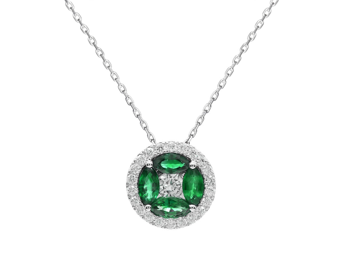 9ct White Gold Marquise Cut Emerald & Diamond Cluster Pendant Necklace
