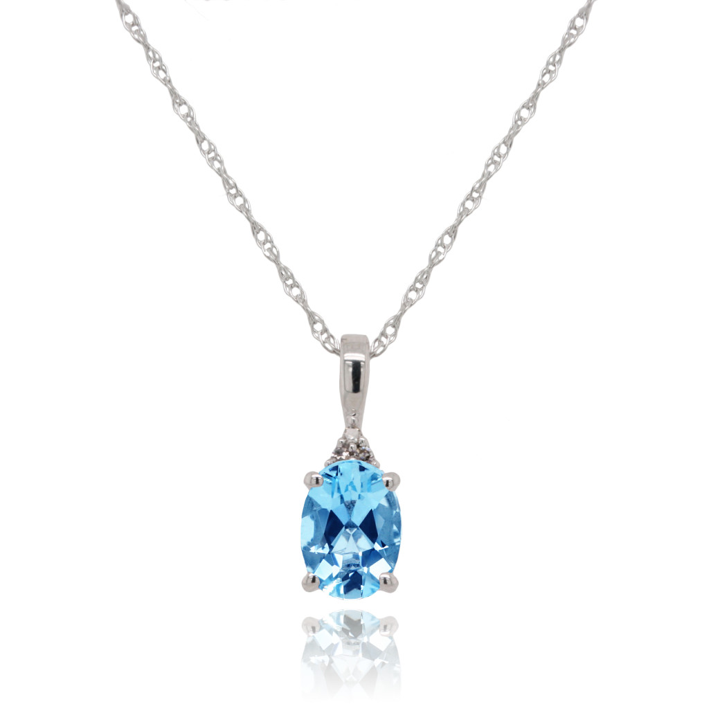 9ct White Gold Oval Blue Topaz & Diamond Set Pendant Necklace