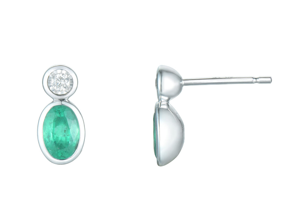 9ct White Gold Oval Emerald & Diamond Rubover Set Stud Earrings