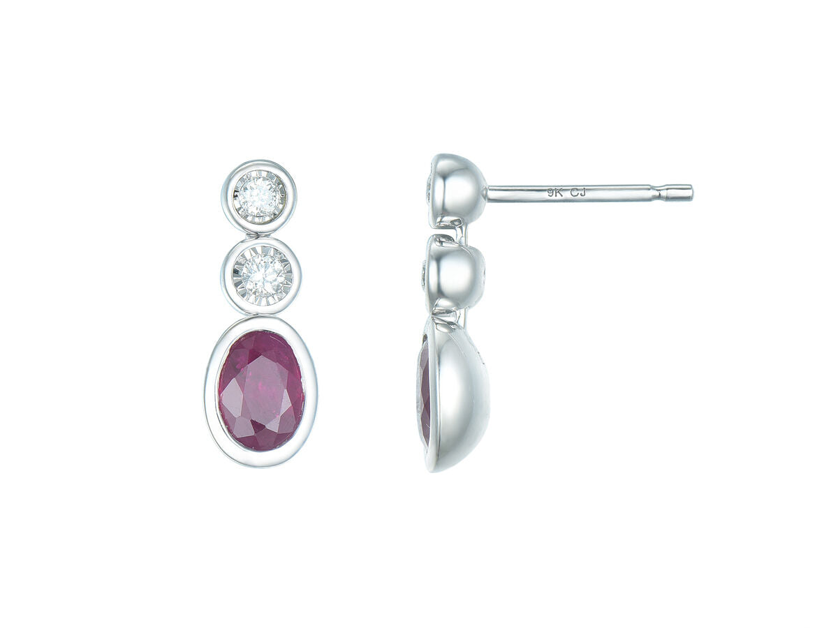 9ct White Gold Oval Ruby & Diamond Rubover Set Drop Earrings