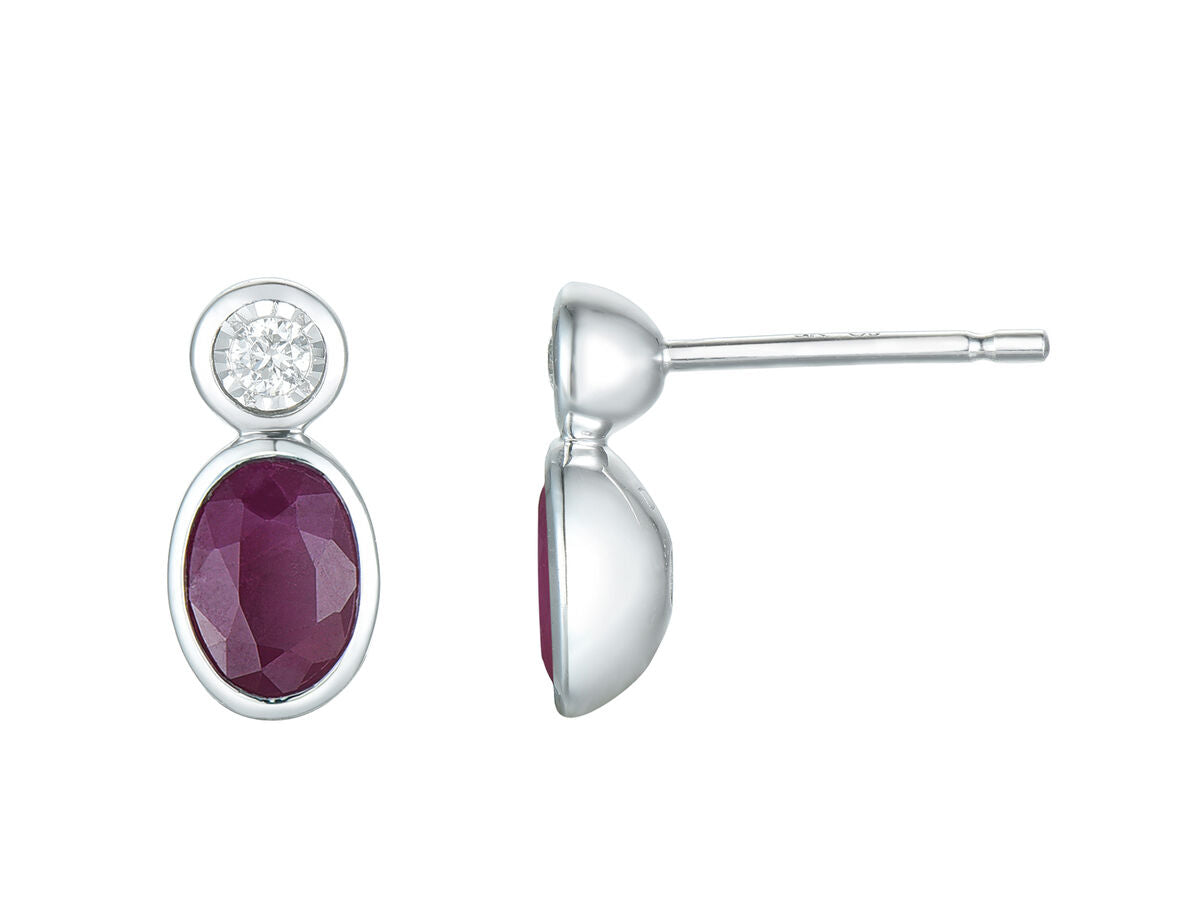 9ct White Gold Oval Ruby & Diamond Rubover Set Stud Earrings