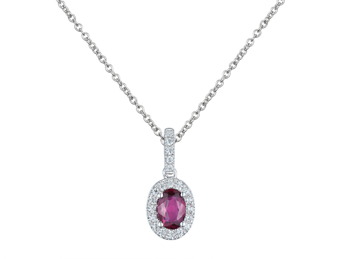 9ct White Gold Oval Ruby & Diamond Set Cluster Pendant Necklace