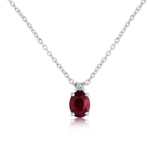 9ct White Gold Oval Ruby & Diamond Set Pendant Necklace