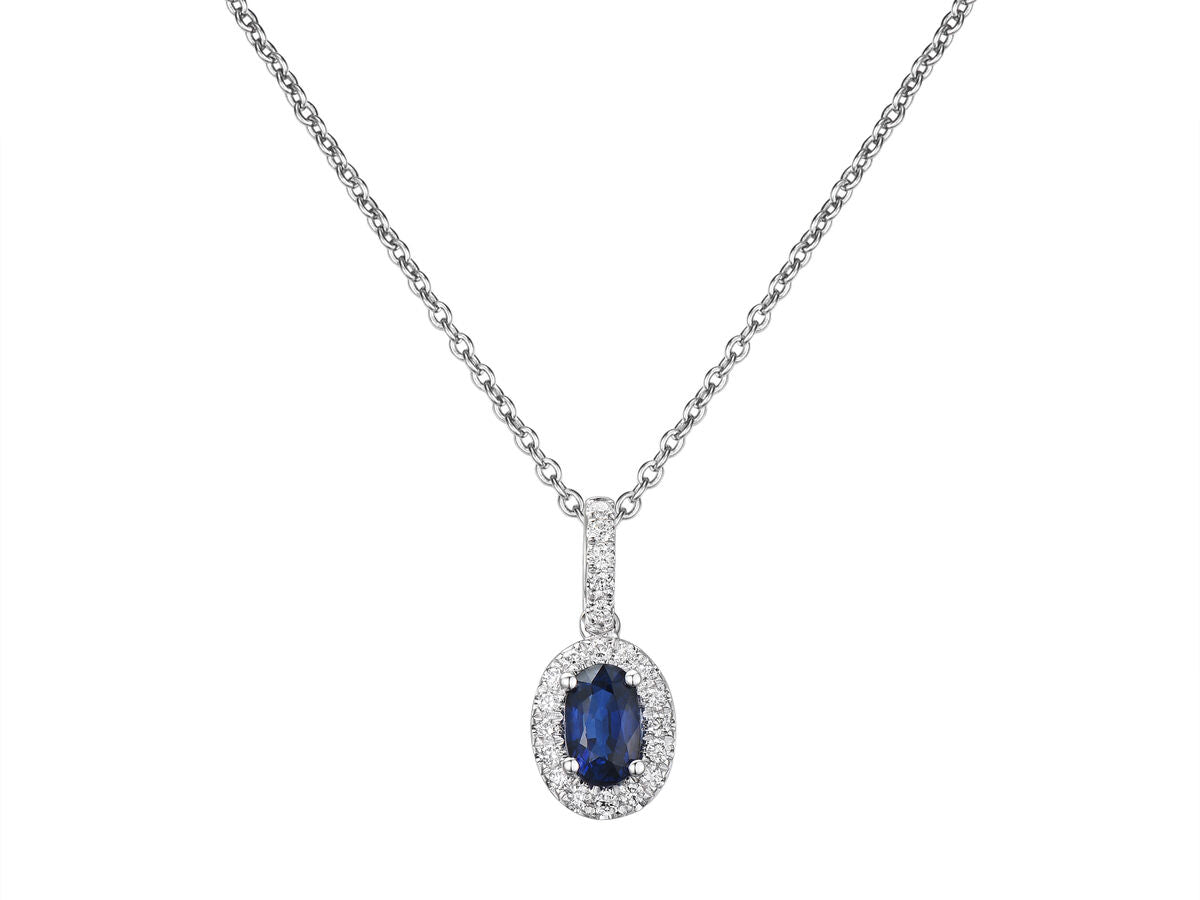 9ct White Gold Oval Sapphire & Diamond Set Cluster Pendant Necklace
