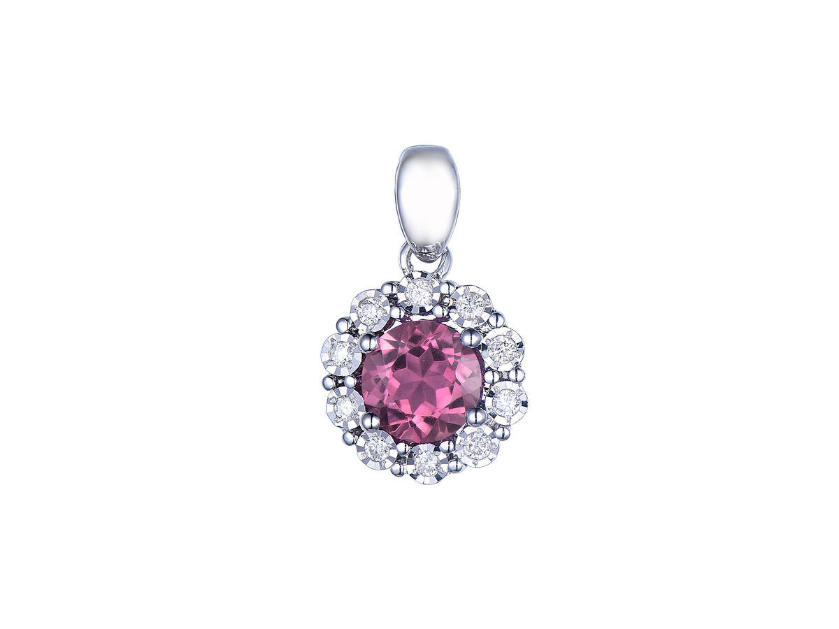 9ct White Gold Pink Tourmaline & Diamond Set Cluster Pendant Necklace