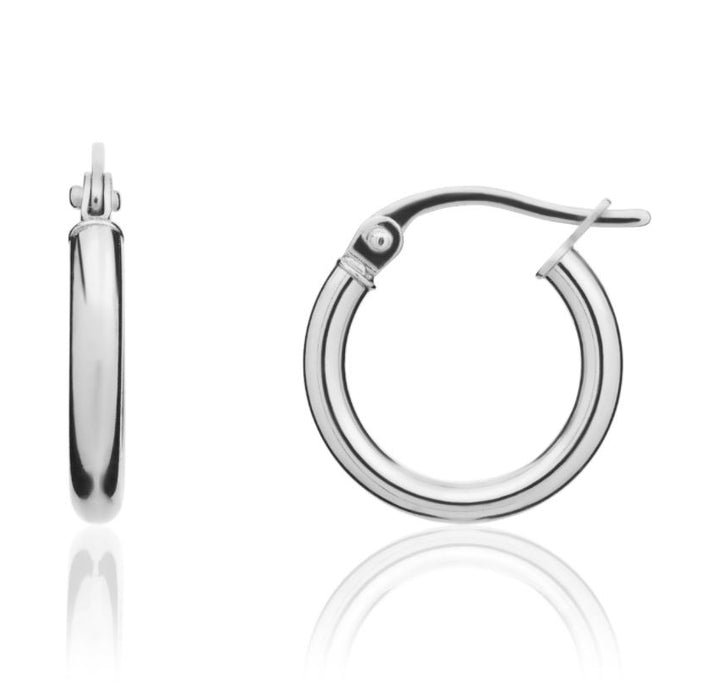 9ct White Gold Plain Polished 14mm Hoop Earrings