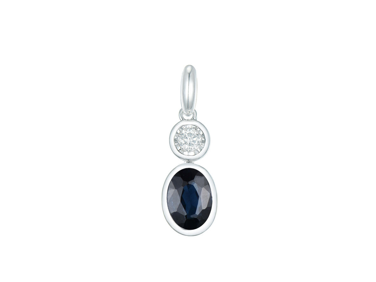 9ct Yellow & White Gold Rubover Set Oval Sapphire & Diamond Pendant Necklace