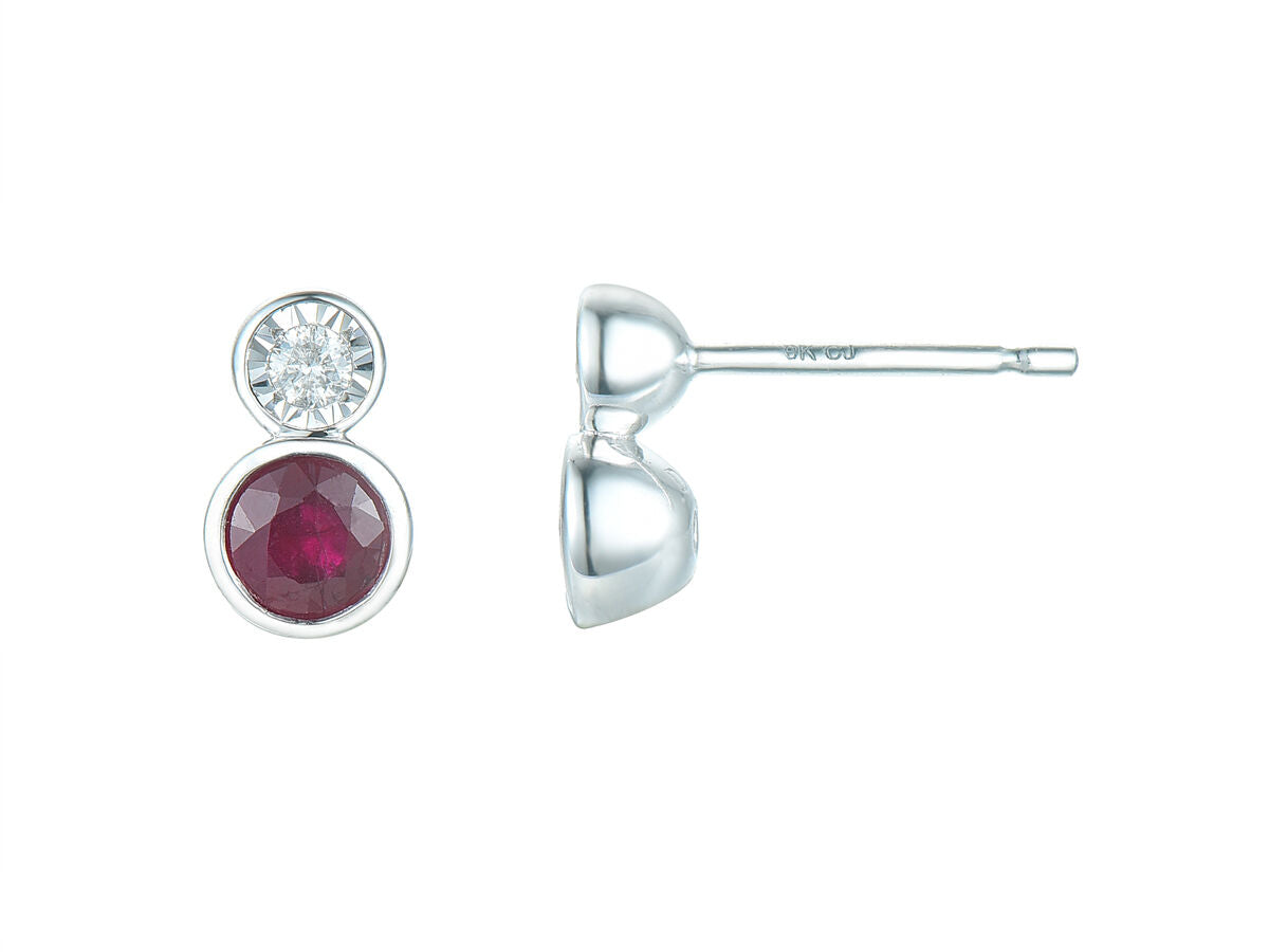 9ct White Gold Ruby & Diamond Rubover Set Stud Earrings