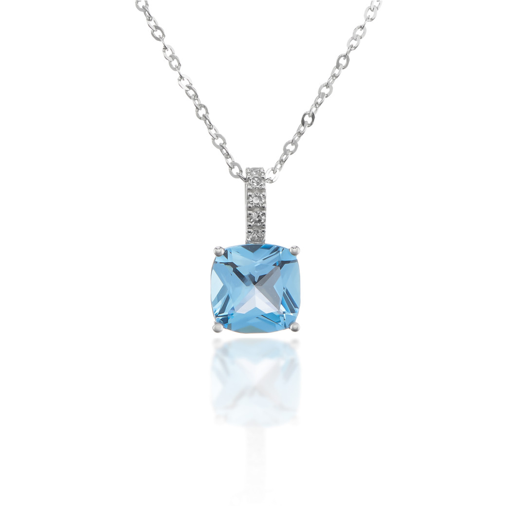 9ct White Gold Swiss Blue Topaz & Diamond Set Pendant Necklace