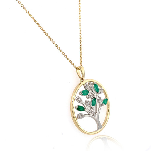 9ct Yellow and White Gold Emerald & Diamond Set Tree of Life Pendant Necklace