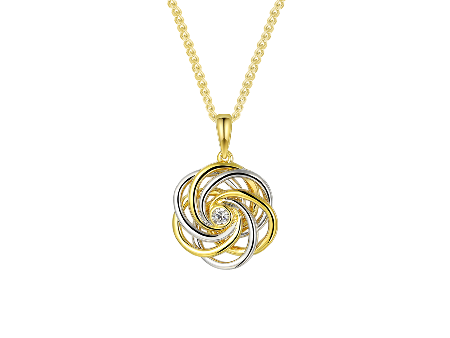 9ct Yellow & White Gold Two Tone Diamond Set Openwork Swirl Design Pendant Necklace