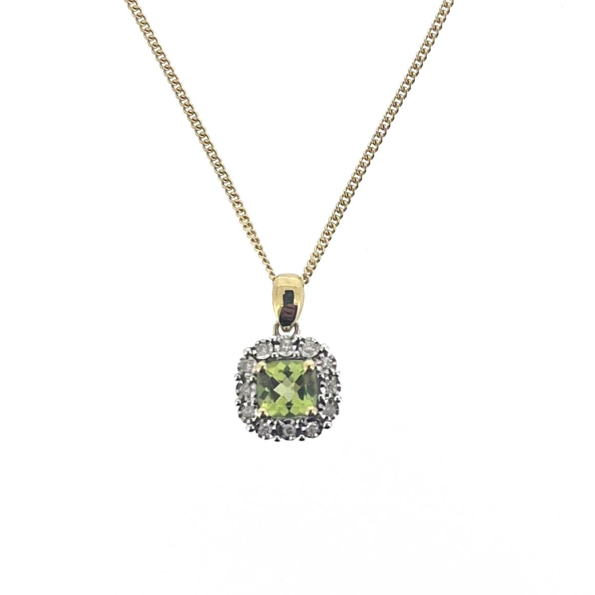 9ct Yellow & White Gold Peridot & Diamond Set Cluster Pendant Necklace