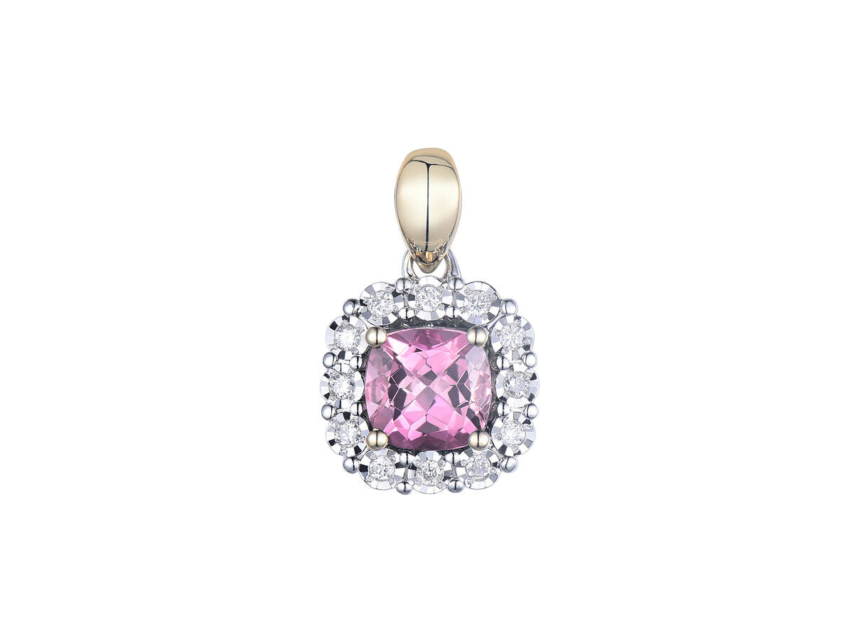 9ct Yellow & White Gold Pink Tourmaline & Diamond Set Cluster Pendant Necklace