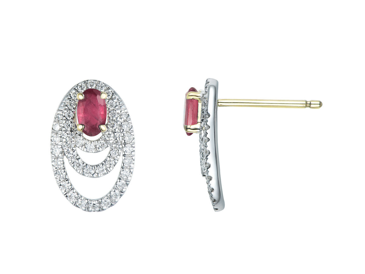 9ct Yellow & White Gold Ruby & Diamond Set Openwork Oval Stud Earrings