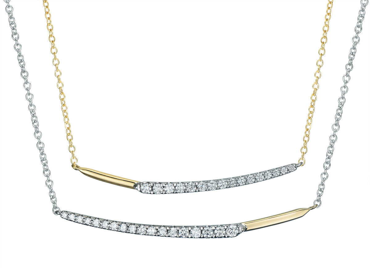 9ct Yellow & White Gold Two Tone Diamond Set Double Tapered Bar Pendant Necklace