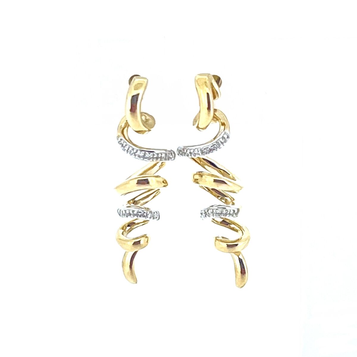 9ct Yellow & White Gold Two Tone Diamond Set Openwork Spiral Drop Earrings