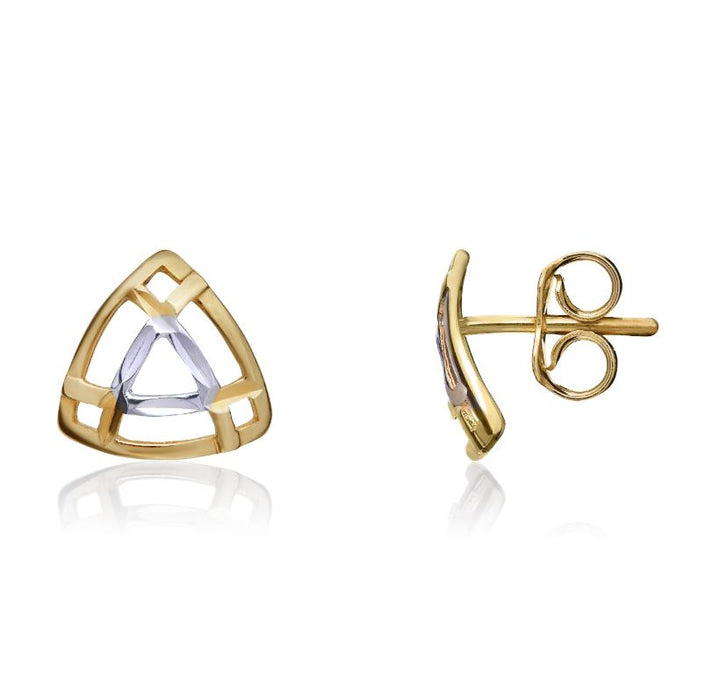 9ct Yellow & White Gold Two Tone Lattice Triangle Stud Earrings